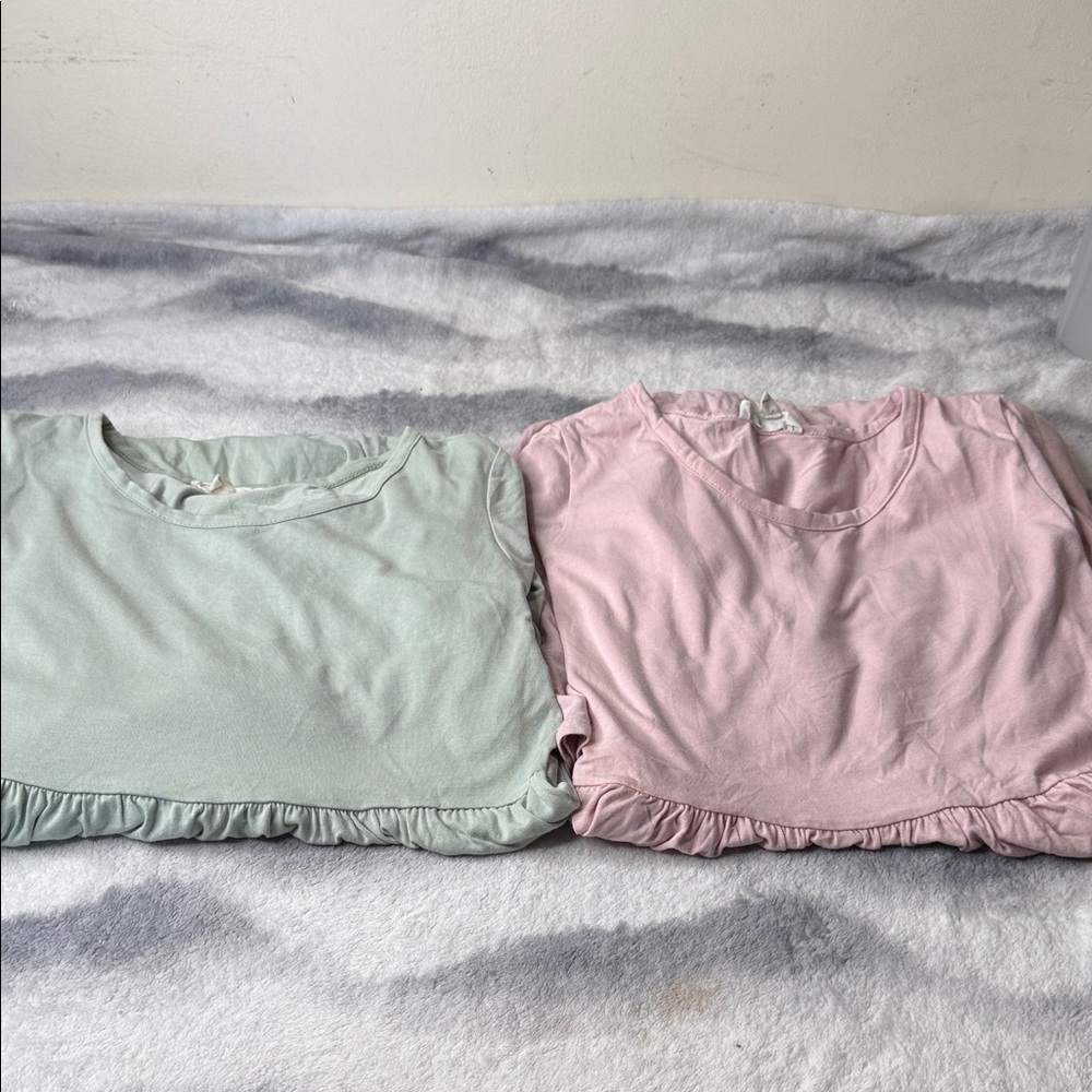 See You Monday Pink Green Long A-Line Dress M Short Sleeve Crew Neck